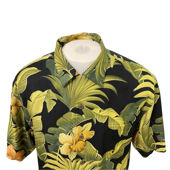Tommy Bahama 100% Silk Hawaiian Shirt Black Green Yellow Floral Print Size M - Picture 5 of 15